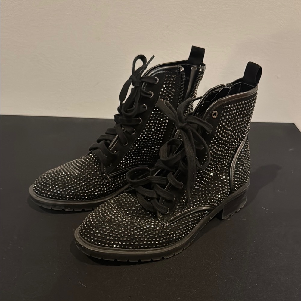 Madden Girl Black Combat Boots with Rhinestone Embellishments, Size 7.5
